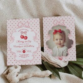 Invitación Coquette Pink Cherry On Top Girl 1st Birthday
