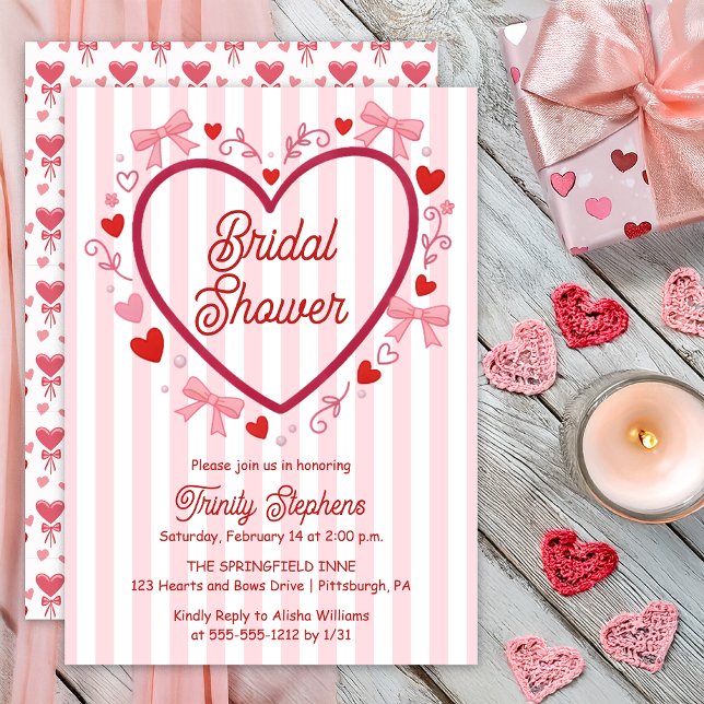 Invitación Coquette Pink | Red Hearts and Bows Bridal Shower (Pink | Red Coquette Hearts and Bows with Pink | White Stripes Bridal Shower Invitation Print Digital)