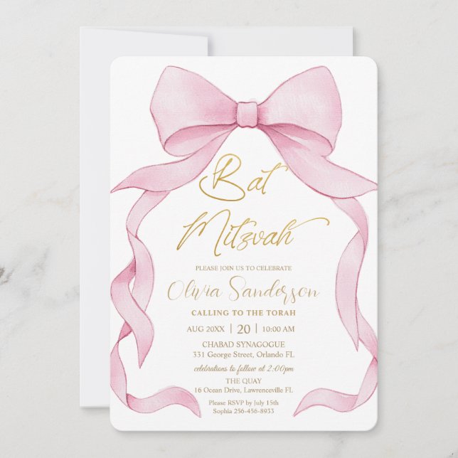Invitación Coquette Pink Ribbon Bows Bat Mitzvah (Anverso)