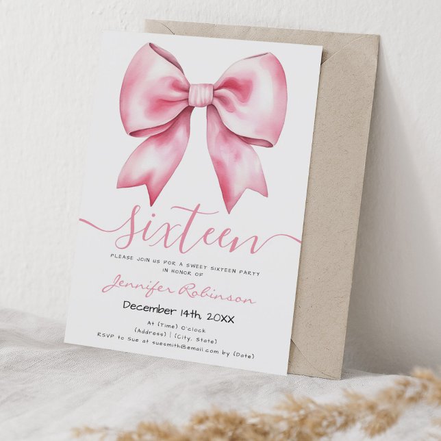 Invitación Coquette Pink Rubor Bow Sweet 16 Fiesta (Trendy Coquette Pink Blush Bow Sweet 16 Party Invitation)