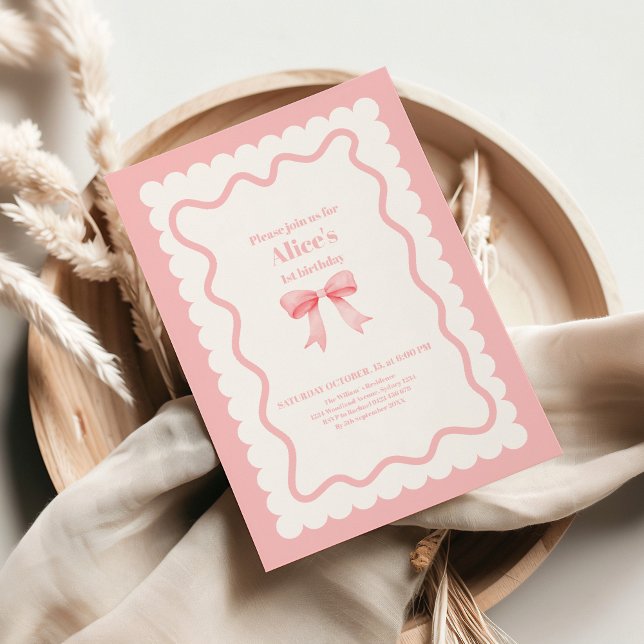Invitación Coquette Pink Watercolor Bow Primer Cumpleaños (Subido por el creador)