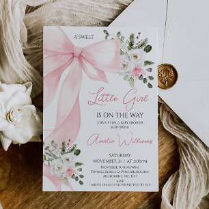 Invitación Coquette Pink Winter Floral Bow Baby Shower