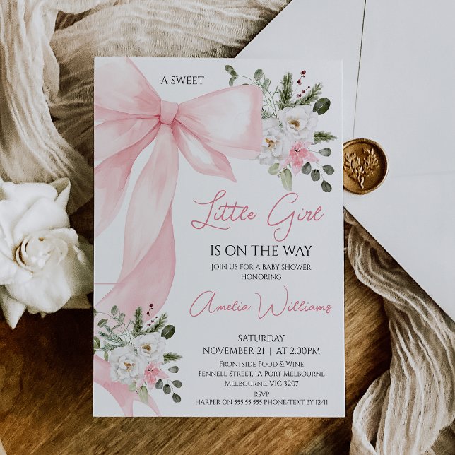 Invitación Coquette Pink Winter Floral Bow Baby Shower (Pink Bow Baby Shower Invitation Template, Coquette Baby Shower Invitation Baby Girl,  Pink Floral)
