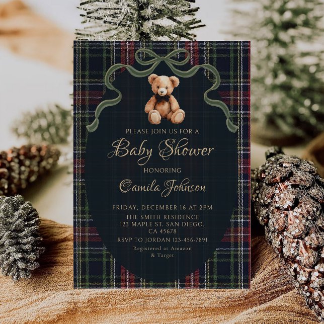 Invitación Coquette Plaid Teddy Bear Baby Shower Invitation (Subido por el creador)