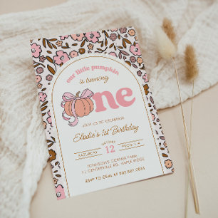 Invitación Coquette Pumpkin Fall Floral 1er cumpleaños