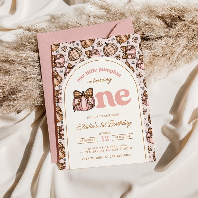 Invitación Coquette Pumpkin Gingham Fall Floral 1er cumpleaño (Subido por el creador)