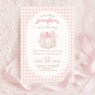 Invitación Coquette Pumpkin Rosa Bow Gingham Chica Baby Showe