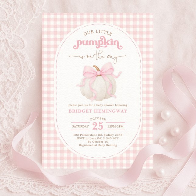 Invitación Coquette Pumpkin Rosa Bow Gingham Chica Baby Showe (Subido por el creador)