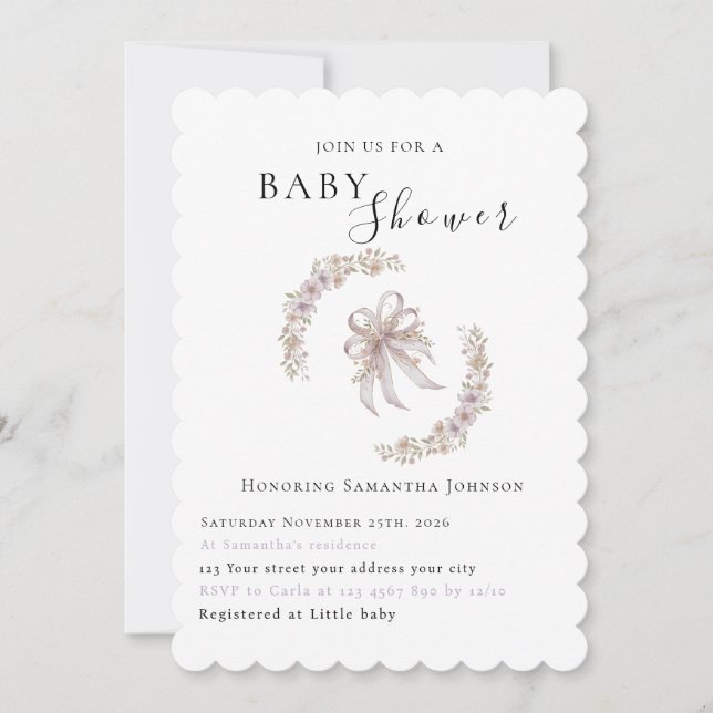 Invitación Coquette purple bow baby shower Invitation  (Anverso)