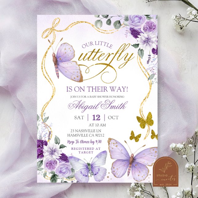 Invitación Coquette Purple Butterfly Baby Shower (Subido por el creador)