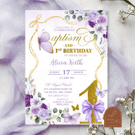 Invitación Coquette Purple Butterfly baptism and 1st birthday