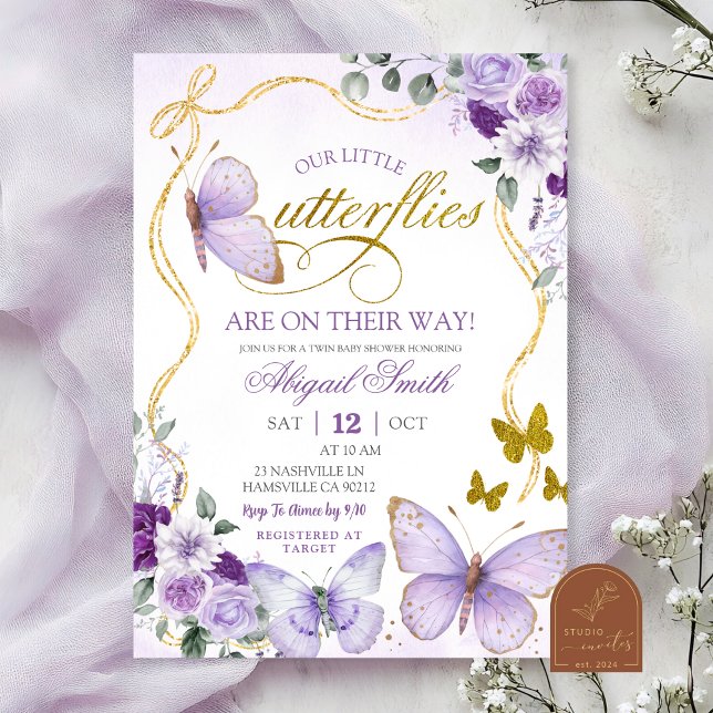 Invitación Coquette Purple Butterfly Twins Baby Shower (Subido por el creador)