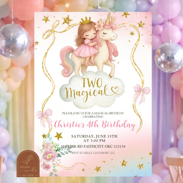 Invitación Coquette Rainbow Pastel Unicorn TWO Magical Birthd (Subido por el creador)