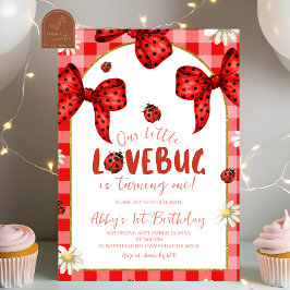 Invitación Coquette Red Bow Lovebug First Birthday Invitation
