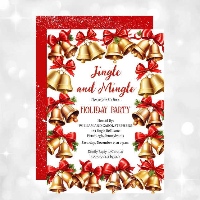Invitación Coquette Red Bows | Fiesta de feriado de los Navid (Coquette Red Bows and Jingle Bells Christmas Holiday Party Invitation)