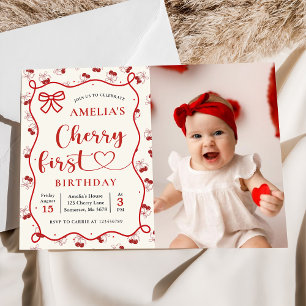Invitación Coquette Red Cherry First Birday Photo