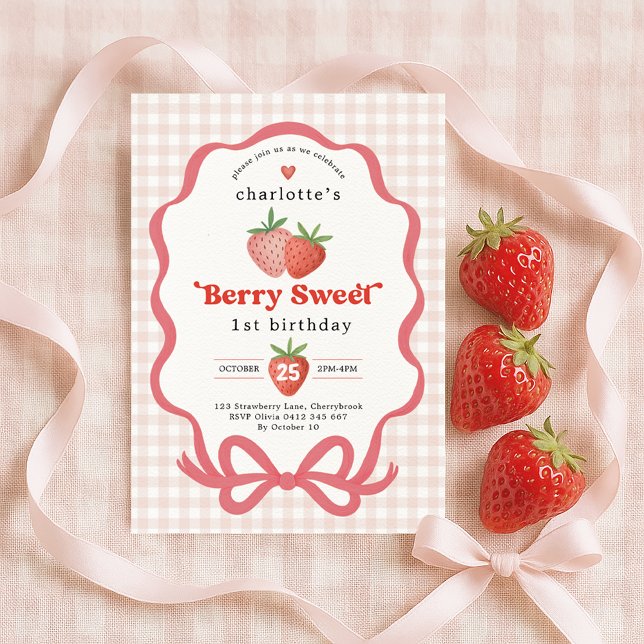 Invitación Coquette Red Strawberry Berry First 1st Birthday (Subido por el creador)
