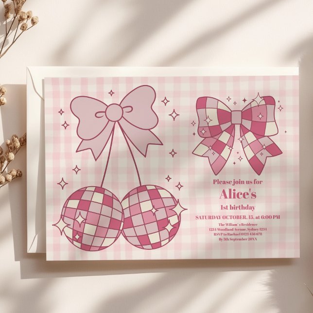 Invitación Coquette Retro Cute Pink Bow 1º cumpleaños (Subido por el creador)