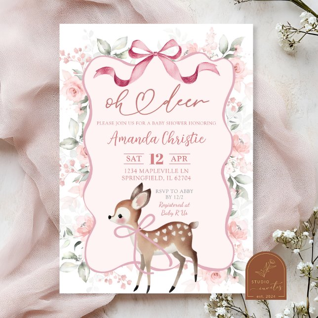 Invitación Coquette Ribbon Floral Oh Deer Baby Shower (Subido por el creador)