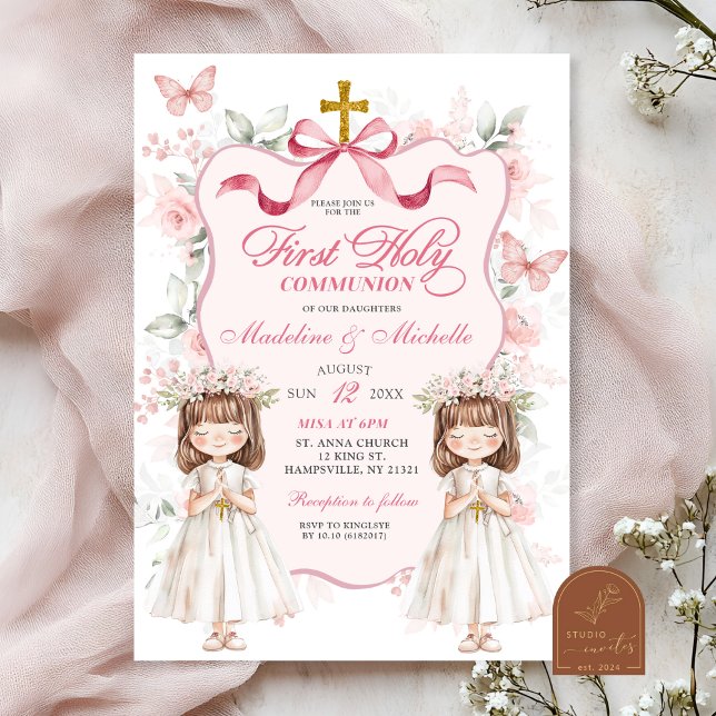 Invitación Coquette Ribbon Floral Twins Primera Santa Comunió (Subido por el creador)
