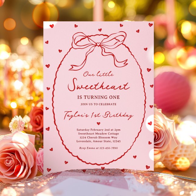Invitación Coquette Roja Bow Valentine, primer Fiesta de cump (Subido por el creador)