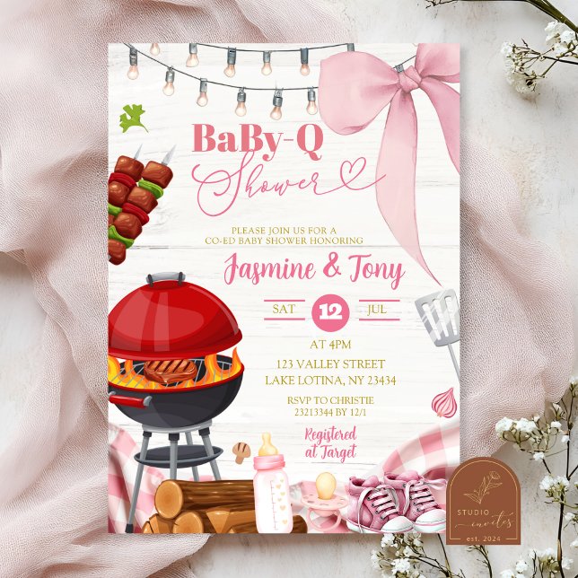 Invitación Coquette rosa Backyard BabyQ Baby Shower (Subido por el creador)