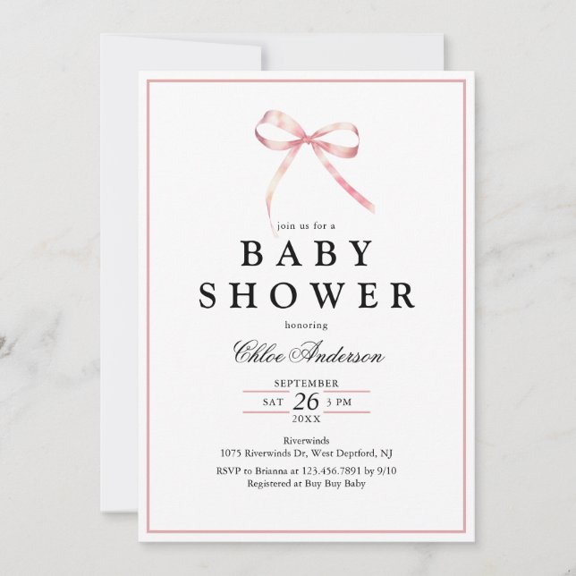 Invitación Coquette rosa Bow Baby Shower (Anverso)
