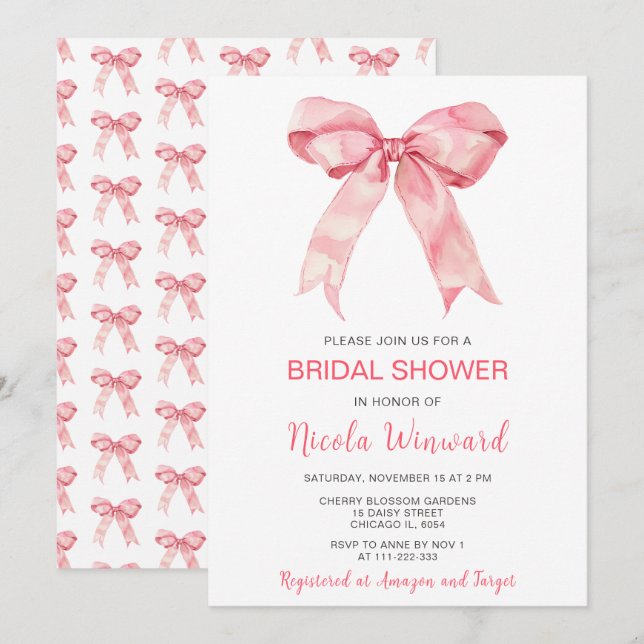 Invitación Coquette rosa Bow Bridal Shower (Anverso / Reverso)