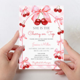 Invitación Coquette rosa Bow Cherry en Baby Shower superior