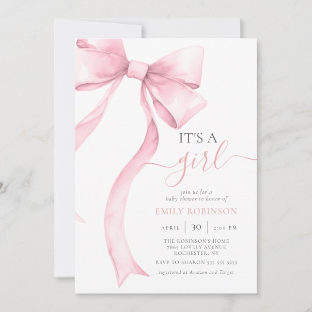 Invitación Coquette Rosa Bow Es un Chica Baby Shower Gingham (Anverso)