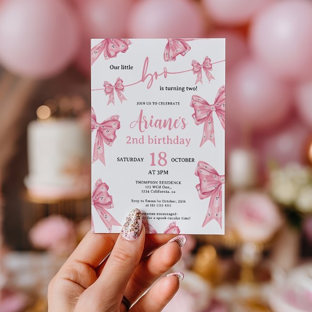 Invitación Coquette rosa Bow Fantasmas Pequeño boo 2º cumplea (Pink Coquette Bow Ghosts Little boo 2nd birthday Invitation)