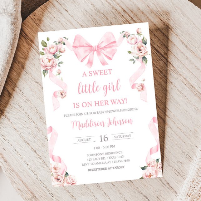 Invitación Coquette rosa Bow Floral Baby Shower (Pink Coquette Floral Sweet Little Girl Baby Shower Invitation)