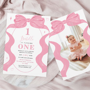 Invitación Coquette Rosa Bow & Photo Ribbon Primer Chica Cump