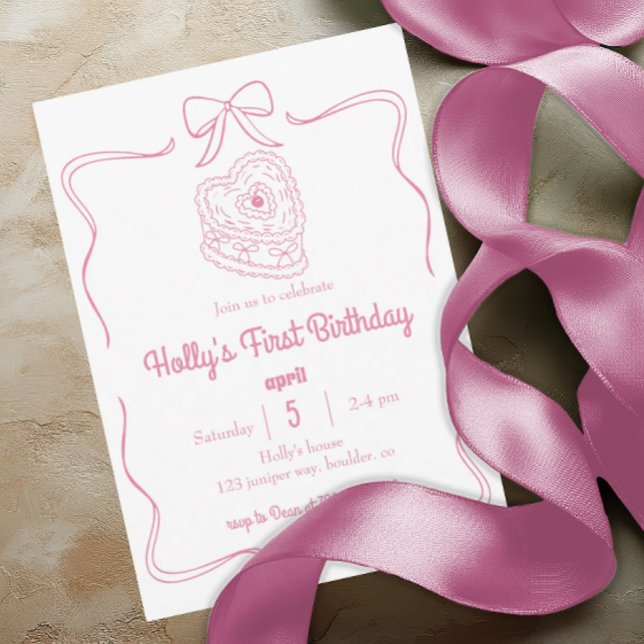 Invitación Coquette rosa Bow primer cumpleaños Rubor Pink Bow (Subido por el creador)