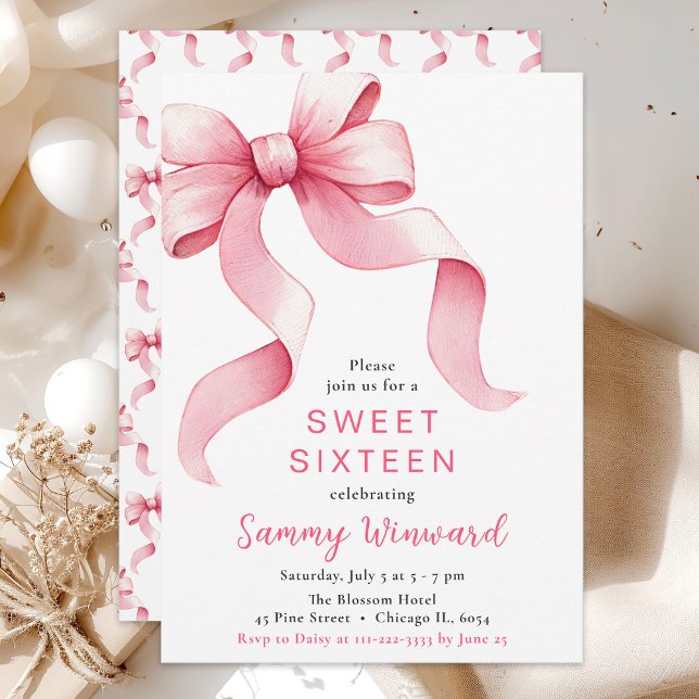 Invitación Coquette rosa Bow Sweet Dieciséis (Subido por el creador)