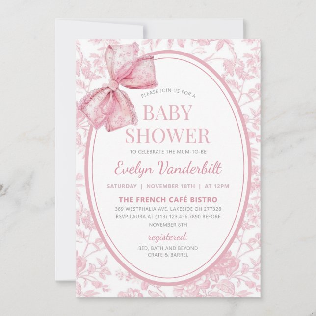 Invitación Coquette rosa Bow Toile Chinoiserie Baby Shower (Anverso)
