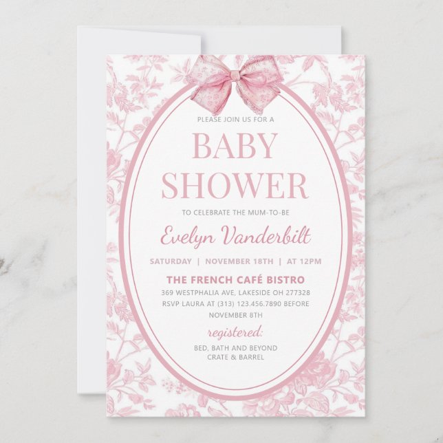 Invitación Coquette rosa Bow Toile Chinoiserie Baby Shower (Anverso)