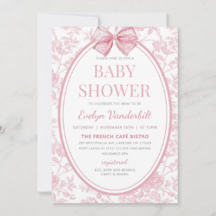 Invitación Coquette rosa Bow Toile Chinoiserie Baby Shower