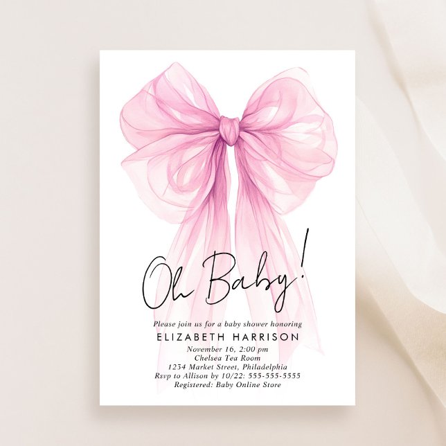 Invitación Coquette rosa Bow Watercolour Baby Shower (Celebrate the upcoming arrival of your baby girl with a beautiful baby shower invitation)