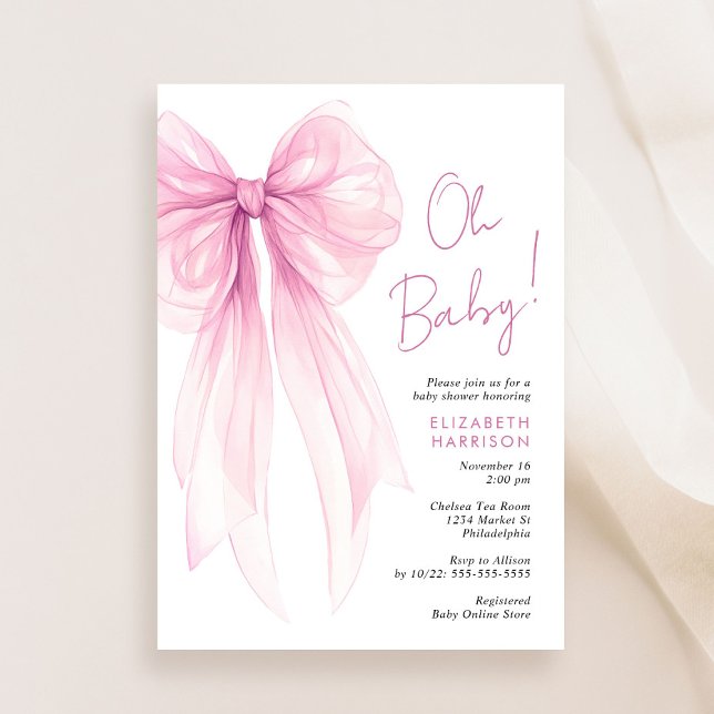 Invitación Coquette rosa Bow Watercolour Baby Shower (Celebrate the upcoming arrival of your baby girl with a beautiful baby shower invitation)