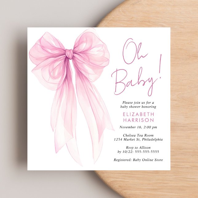 Invitación Coquette rosa Bow Watercolour Baby Shower (Celebrate the upcoming arrival of your baby girl with a beautiful baby shower invitation)
