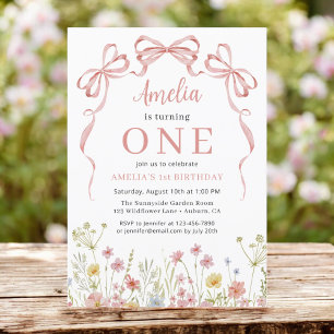 Invitación Coquette rosa Bow Wildflower Primer Chica de cumpl