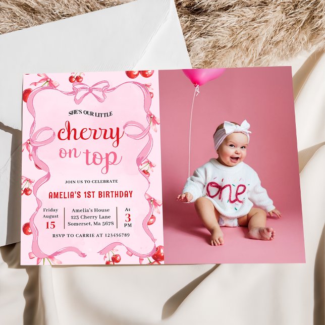 Invitación Coquette rosa Cherry en foto de cumpleaños superio (Subido por el creador)