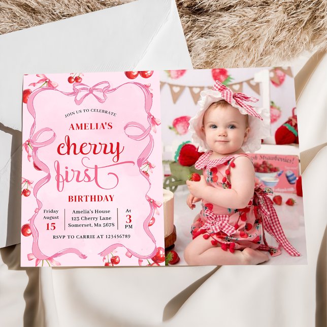 Invitación Coquette Rosa Cherry Primera foto de cumpleaños (Subido por el creador)
