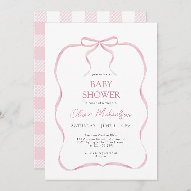 Invitación Coquette Rosa Cinta Bow Moderno Chica Baby Shower (Anverso / Reverso)