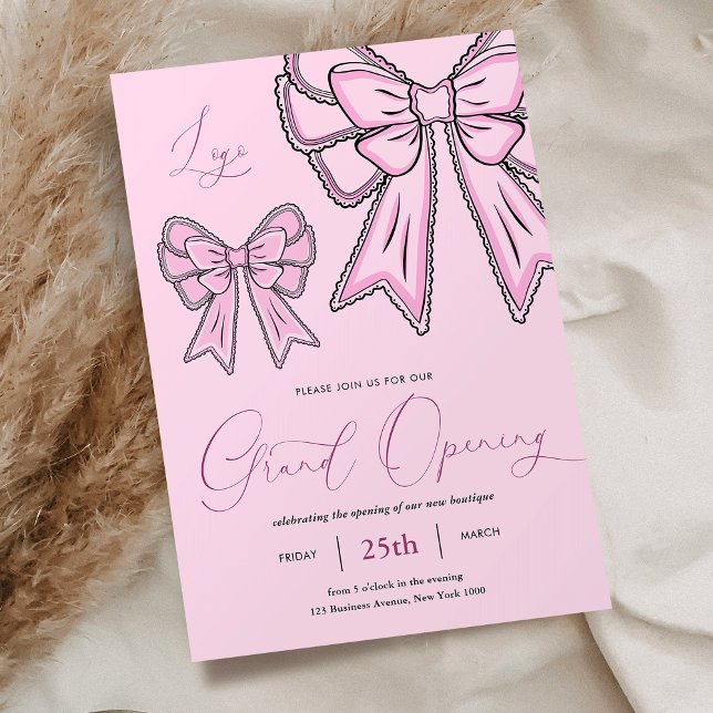 Invitación Coquette rosa dobla negocio de la gran apertura fe (Feminine blush pink coquette bows business grand opening invitation)