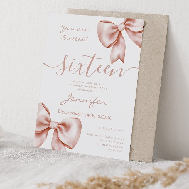 Invitación Coquette Rosa Gold Bow Sweet 16 Cumpleaños (Coquette Rose Gold Bow Sweet 16 Birthday Invitation)