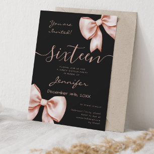 Invitación Coquette Rosa Gold Bow Sweet 16 Cumpleaños Negro
