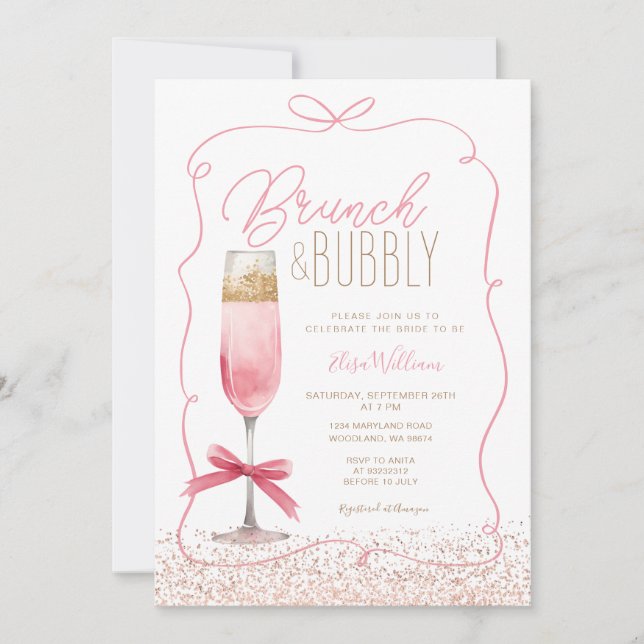 Invitación Coquette Rosa Gold Brunch & Bubbly Bridal Shower (Anverso)