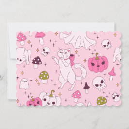 Invitación coquette rosa halloween bruja gato fantasma cráneo